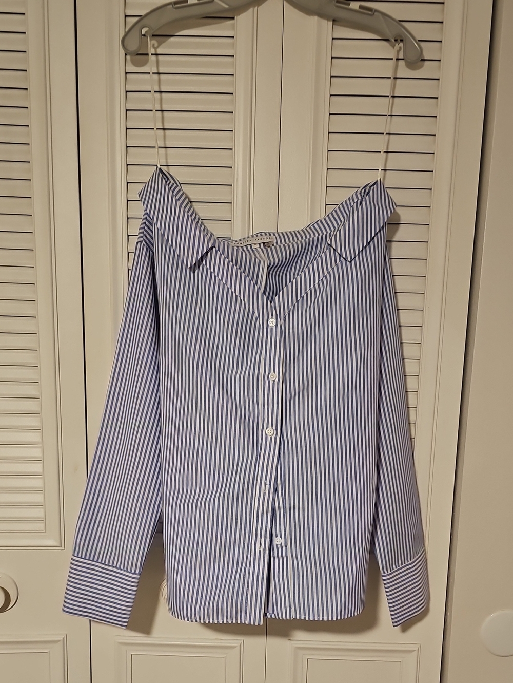 English Factory Blue and White Striped Off-Shoulder Button-Down Top